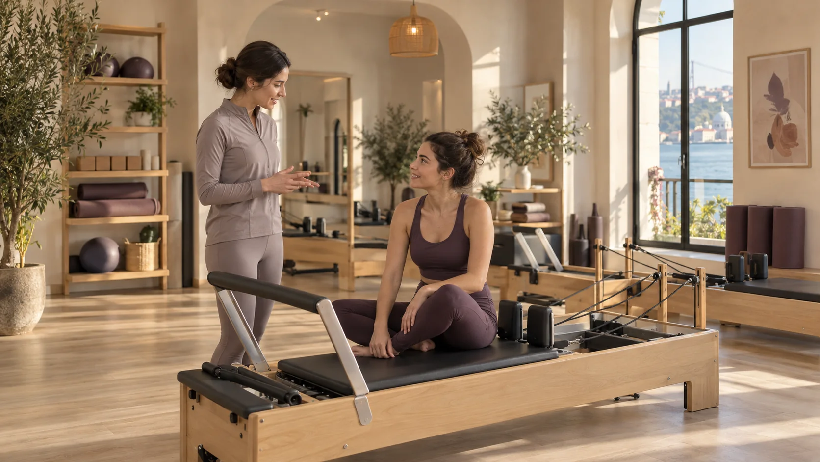 Gün ışığı alan bir pilates stüdyosunda eğitmen ve danışan