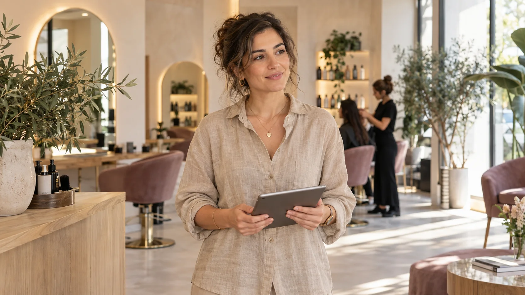 Aydınlık bir salonda tabletle çalışan işletme sahibi